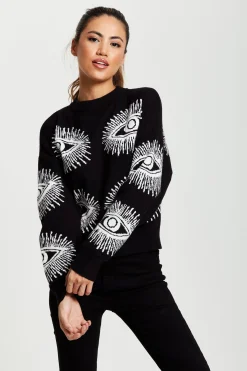 Women's Jumper in Black with Long Sleeves and Eye Pattern Design by Liquorish