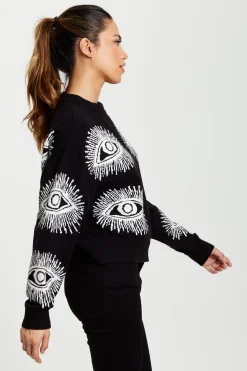 Women's Jumper in Black with Long Sleeves and Eye Pattern Design by Liquorish
