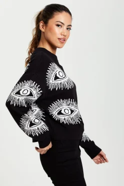 Women's Jumper in Black with Long Sleeves and Eye Pattern Design by Liquorish