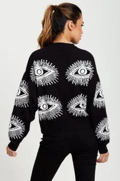 Women's Jumper in Black with Long Sleeves and Eye Pattern Design by Liquorish