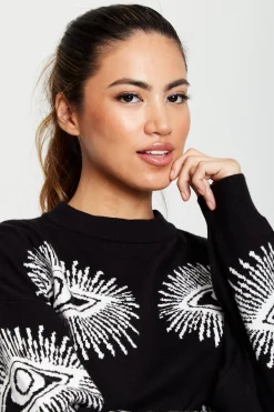 Women's Jumper in Black with Long Sleeves and Eye Pattern Design by Liquorish