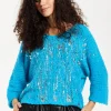 Women's Jumper in Blue with Loose Knit Design, Wide Sleeves & Metallic Detail for Effortless Style