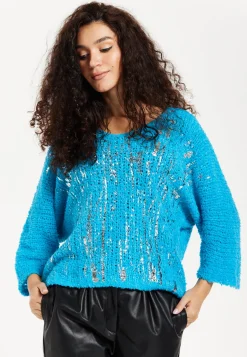 Women's Jumper in Blue with Loose Knit Design, Wide Sleeves & Metallic Detail for Effortless Style