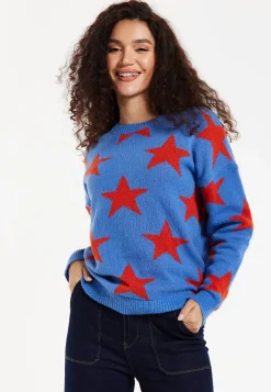 Women's Jumper in Blue with Full-Length Sleeves and Unique Red Star Pattern