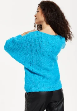 Women's Jumper in Blue with Loose Knit Design, Wide Sleeves & Metallic Detail for Effortless Style