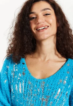 Women's Jumper in Blue with Loose Knit Design, Wide Sleeves & Metallic Detail for Effortless Style