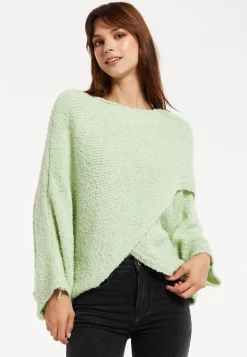 Women's Jumper in Green with Asymmetric Layered Shawl Design, Loose Fit, Long Sleeves, Crafted from Luxurious Blend of Fabrics