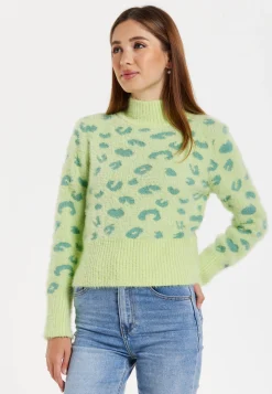 Women's Jumper in Green with Fluffy Texture, Leopard Print, Turtle Neck, and Long Sleeves - Regular Fit