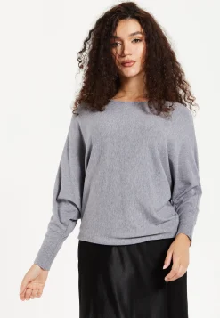 Women's Jumper in Light Grey with Back Pearl-Button Detail and Batwing Sleeves, Perfect for Effortless Style and Comfort - Liquorish