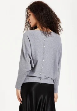 Women's Jumper in Light Grey with Back Pearl-Button Detail and Batwing Sleeves, Perfect for Effortless Style and Comfort - Liquorish