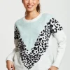 Women's Jumper in Mint & White with Animal Print, Long Sleeves, Layered Design by Liquorish