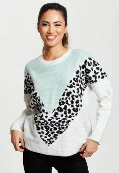 Women's Jumper in Mint & White with Animal Print, Long Sleeves, Layered Design by Liquorish