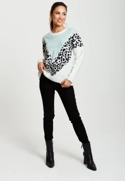 Women's Jumper in Mint & White with Animal Print, Long Sleeves, Layered Design by Liquorish