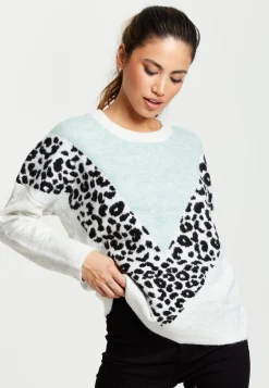 Women's Jumper in Mint & White with Animal Print, Long Sleeves, Layered Design by Liquorish
