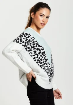 Women's Jumper in Mint & White with Animal Print, Long Sleeves, Layered Design by Liquorish