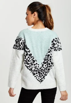Women's Jumper in Mint & White with Animal Print, Long Sleeves, Layered Design by Liquorish