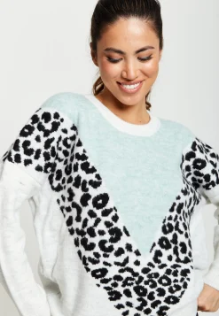 Women's Jumper in Mint & White with Animal Print, Long Sleeves, Layered Design by Liquorish