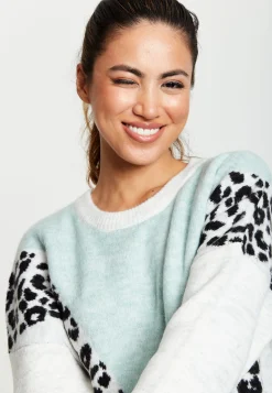 Women's Jumper in Mint & White with Animal Print, Long Sleeves, Layered Design by Liquorish