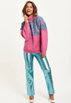 Women's Jumper in Pink and Turquoise with Extended Shoulder Sleeves - Liquorish Animal Pattern Roll Neck Design