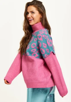Women's Jumper in Pink and Turquoise with Extended Shoulder Sleeves - Liquorish Animal Pattern Roll Neck Design