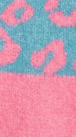 Women's Jumper in Pink and Turquoise with Extended Shoulder Sleeves - Liquorish Animal Pattern Roll Neck Design