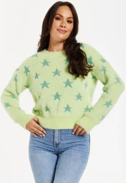 Women's Jumper in Pistachio - Fluffy Long Sleeve with Eye-Catching Star Pattern by Liquorish