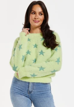 Women's Jumper in Pistachio - Fluffy Long Sleeve with Eye-Catching Star Pattern by Liquorish
