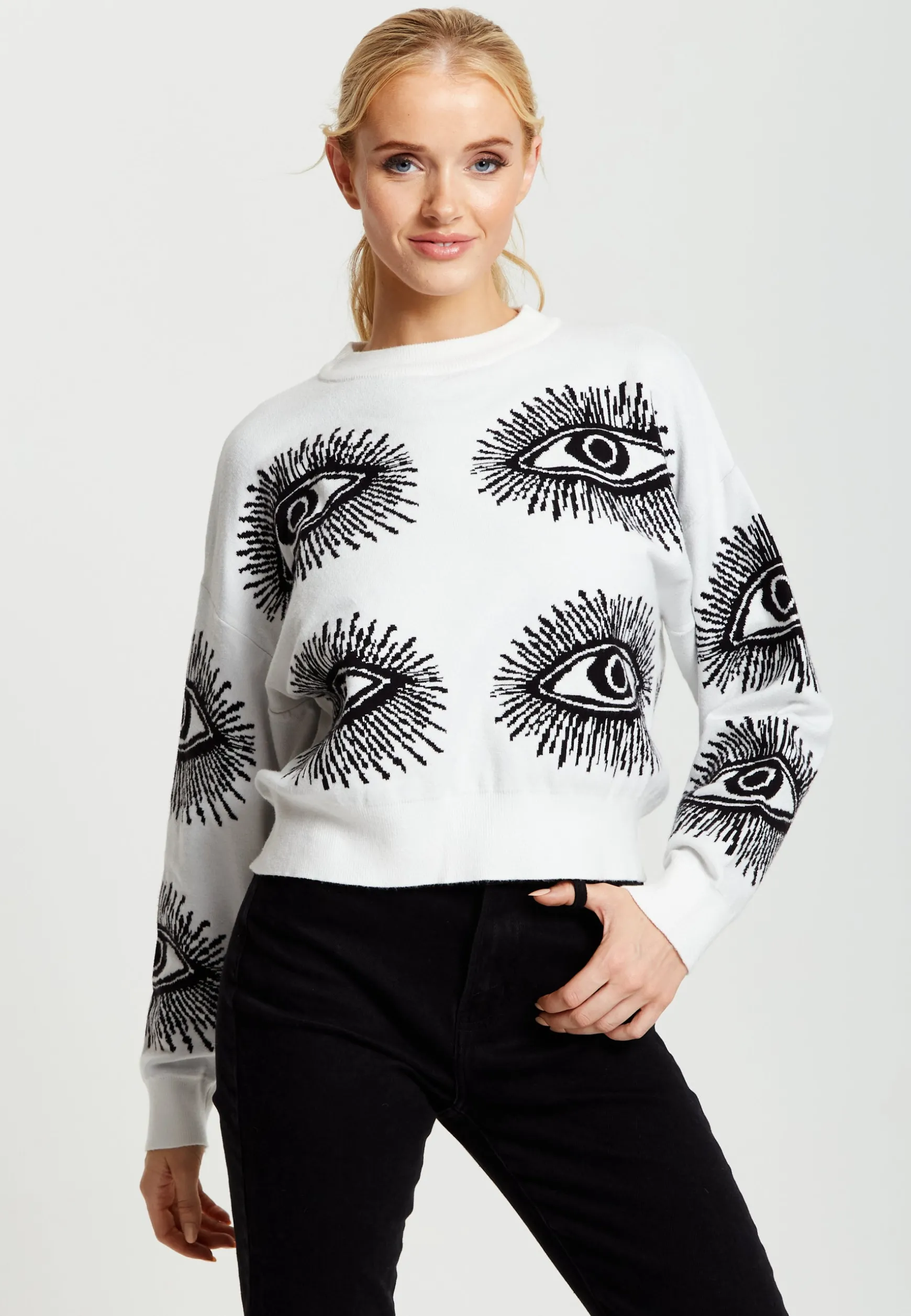 Women's Jumper in White with Long Sleeves and Distinctive Eye Pattern by Liquorish