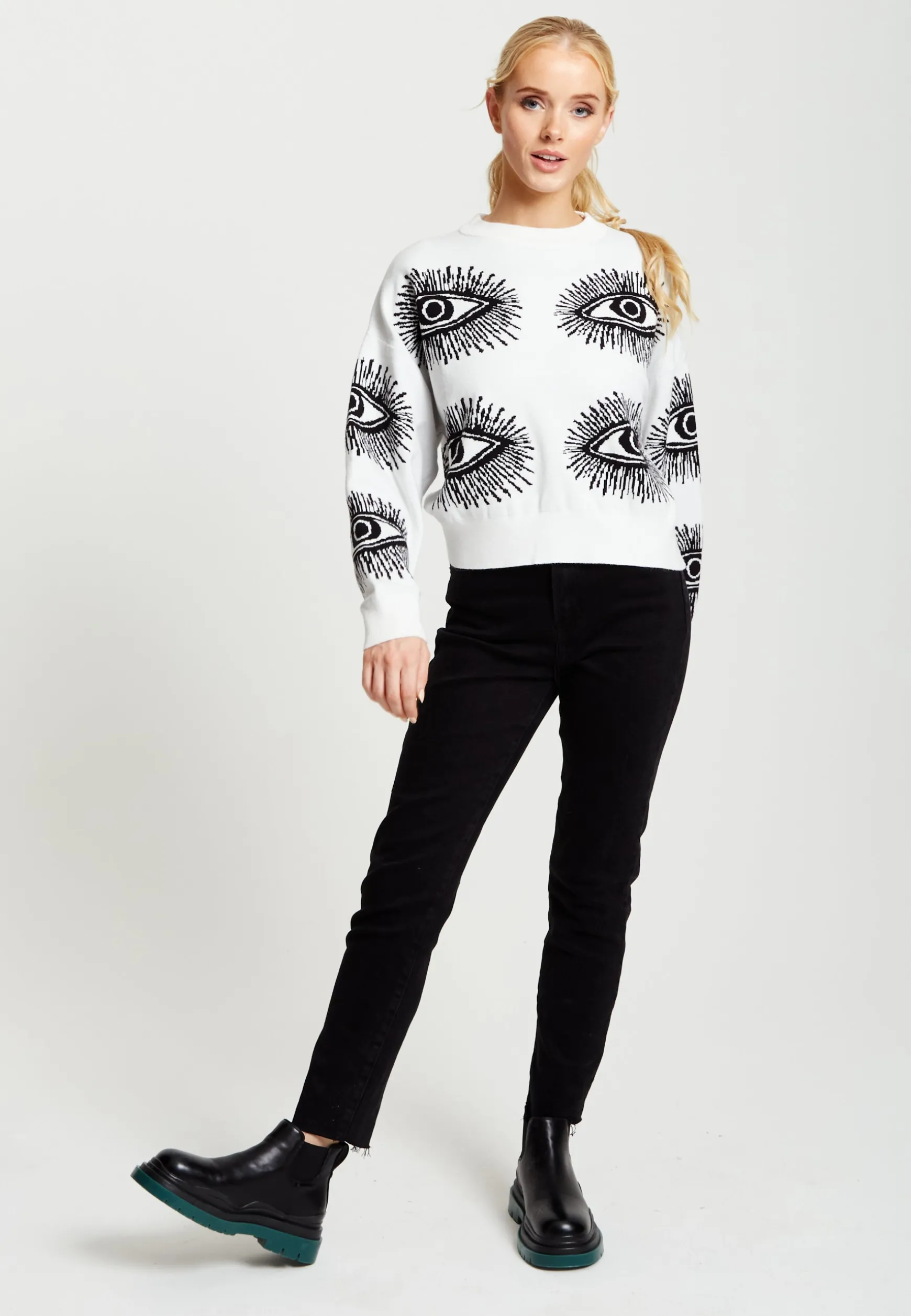 Women's Jumper in White with Long Sleeves and Distinctive Eye Pattern by Liquorish