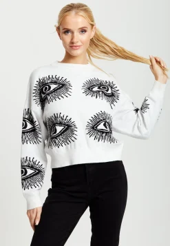 Women's Jumper in White with Long Sleeves and Distinctive Eye Pattern by Liquorish