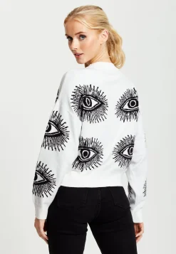 Women's Jumper in White with Long Sleeves and Distinctive Eye Pattern by Liquorish