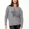 Women's Jumper Light Grey with Sparkly Zebra Star, Fitted Sleeves, Boat Neck Design, Loose Fit, Stud Detail