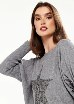 Women's Jumper Light Grey with Sparkly Zebra Star, Fitted Sleeves, Boat Neck Design, Loose Fit, Stud Detail
