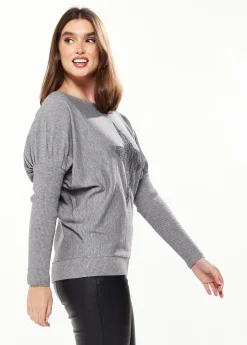 Women's Jumper Light Grey with Sparkly Zebra Star, Fitted Sleeves, Boat Neck Design, Loose Fit, Stud Detail