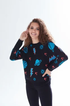 Women's Jumper with Cosmic Pattern and Button-Down Detail, Regular Fit, Long Sleeve, Soft  - Liquorish