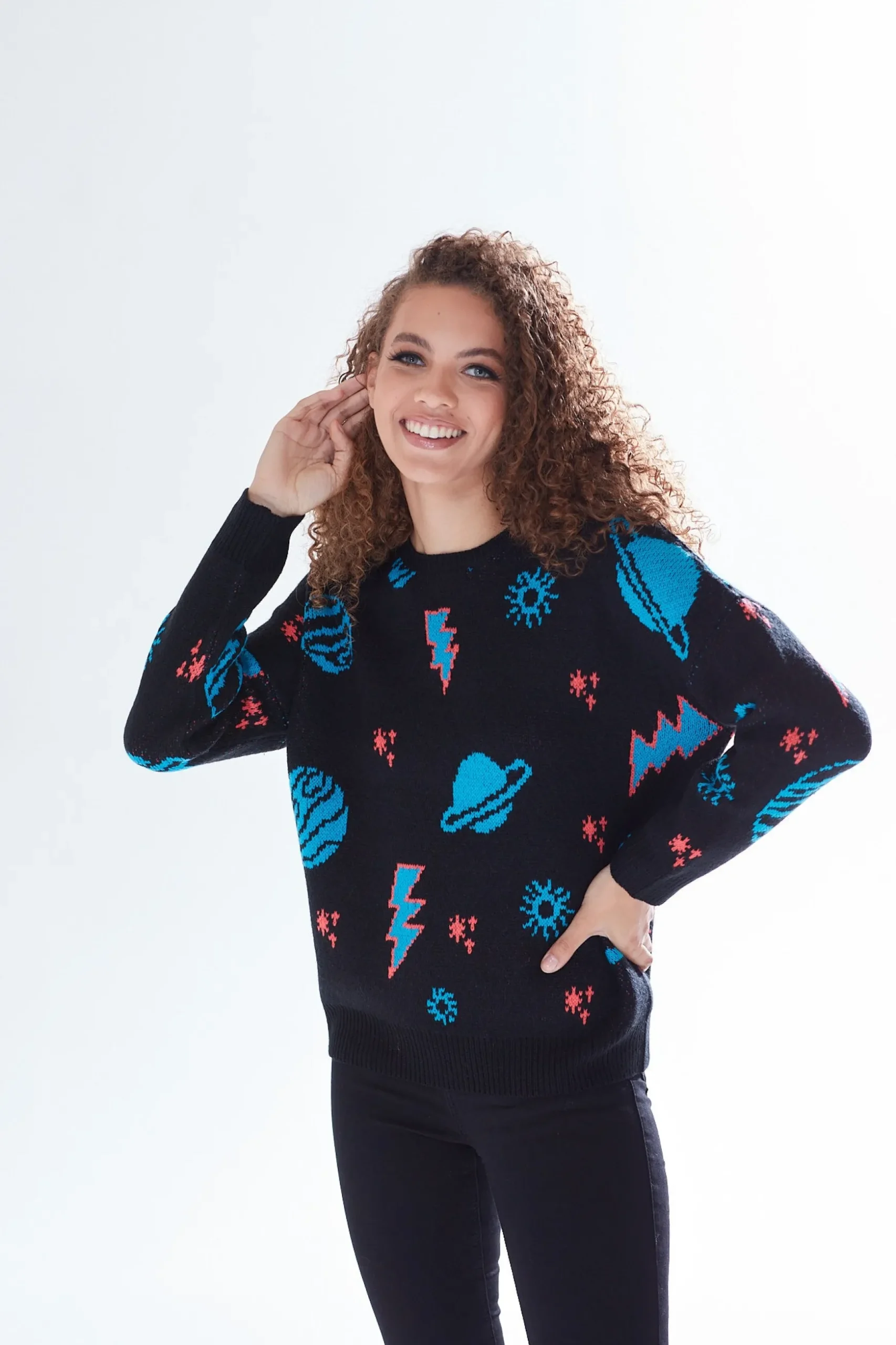 Women's Jumper with Cosmic Pattern and Button-Down Detail, Regular Fit, Long Sleeve, Soft - Liquorish