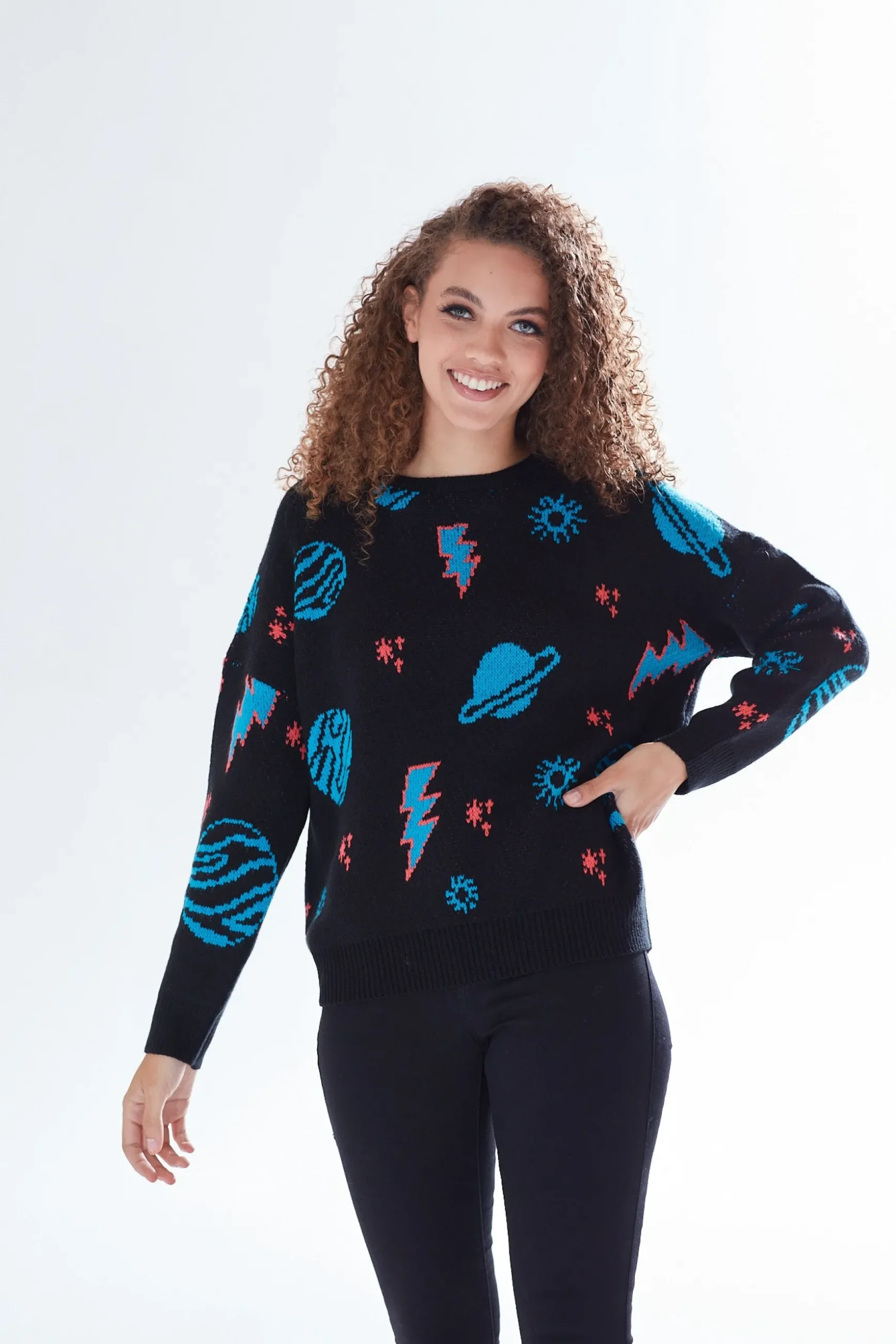 Women's Jumper with Cosmic Pattern and Button-Down Detail, Regular Fit, Long Sleeve, Soft - Liquorish