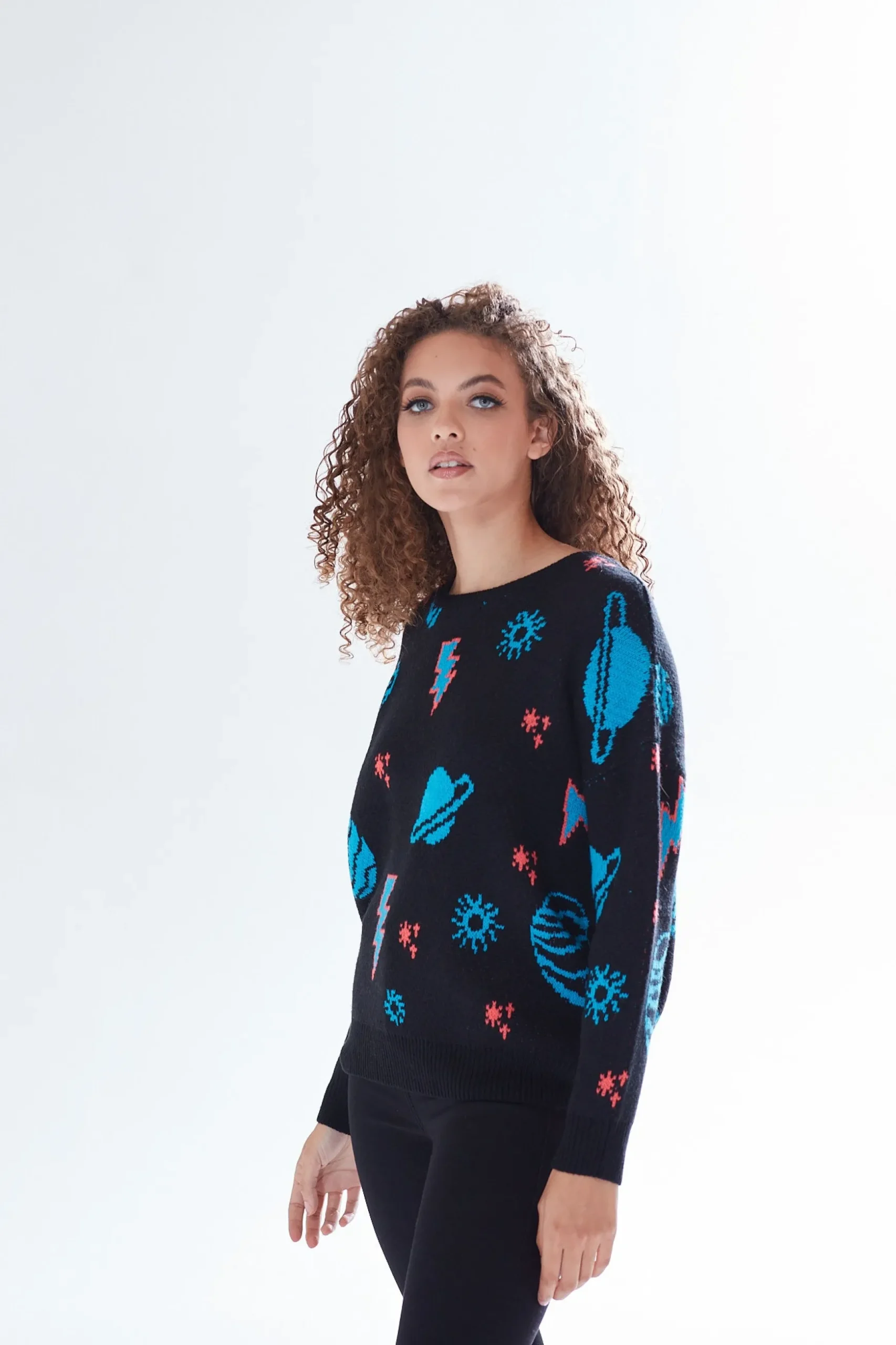 Women's Jumper with Cosmic Pattern and Button-Down Detail, Regular Fit, Long Sleeve, Soft - Liquorish