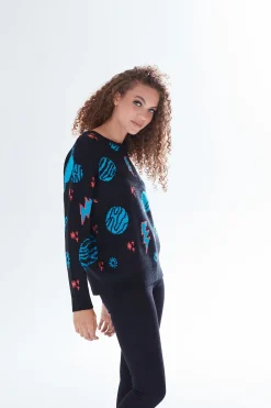 Women's Jumper with Cosmic Pattern and Button-Down Detail, Regular Fit, Long Sleeve, Soft - Liquorish