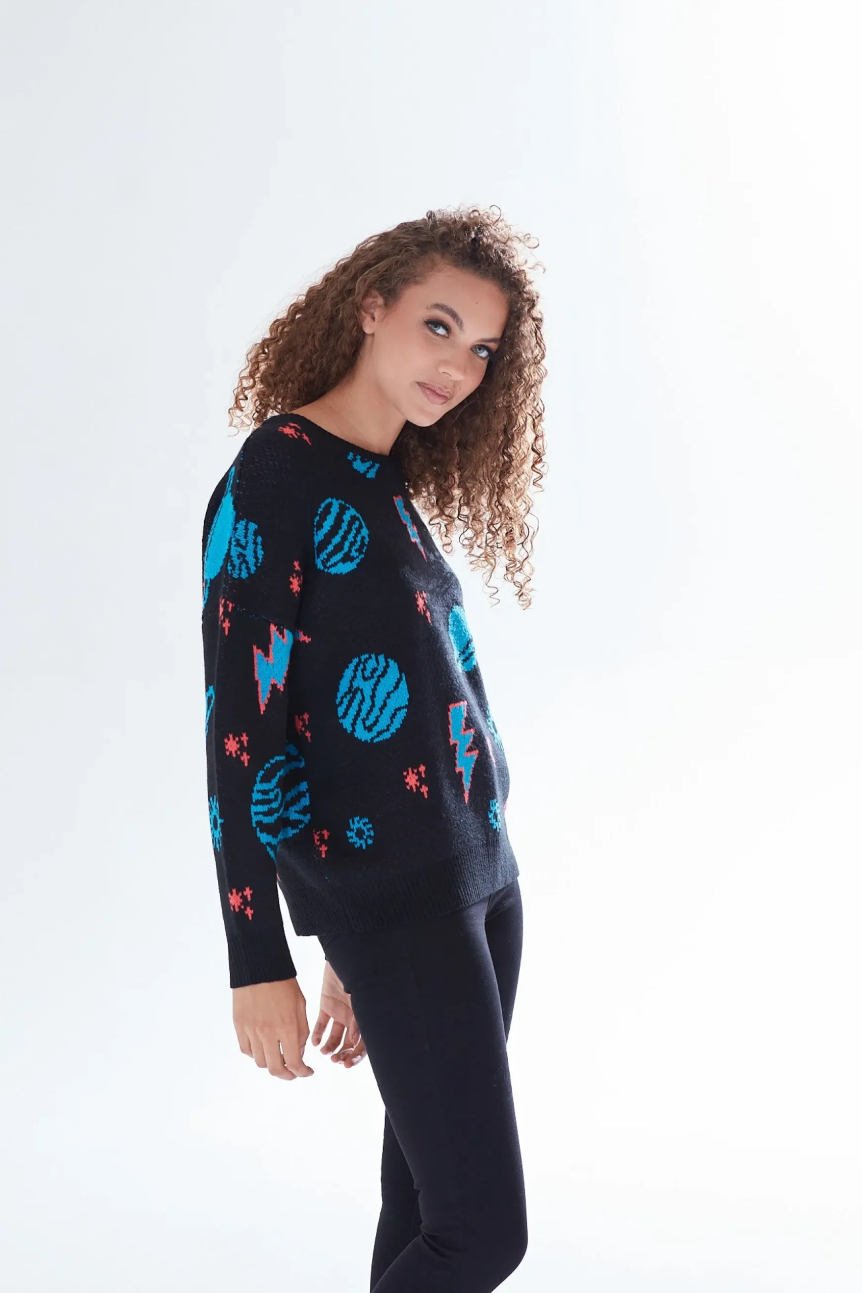 Women's Jumper with Cosmic Pattern and Button-Down Detail, Regular Fit, Long Sleeve, Soft - Liquorish