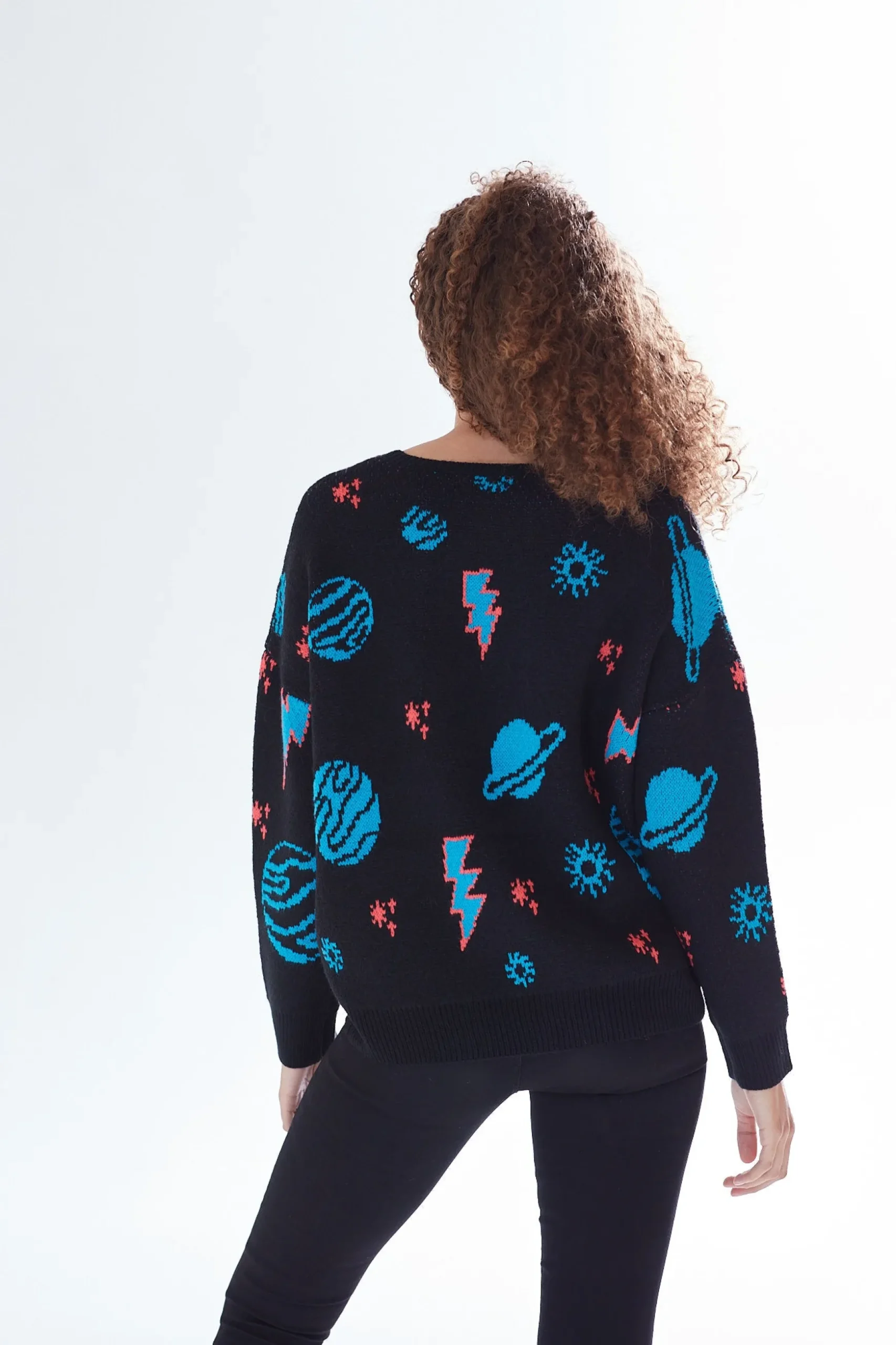 Women's Jumper with Cosmic Pattern and Button-Down Detail, Regular Fit, Long Sleeve, Soft - Liquorish