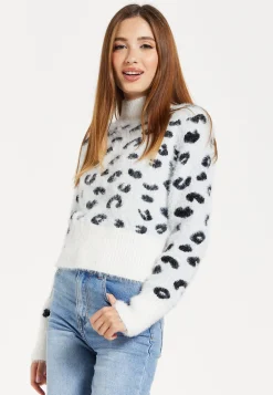 Women's Jumper with Fluffy Leopard Print in Black and White, Turtle Neck, Long Sleeves, Regular Fit
