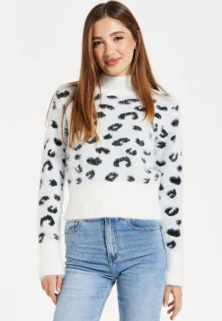 Women's Jumper with Fluffy Leopard Print in Black and White, Turtle Neck, Long Sleeves, Regular Fit
