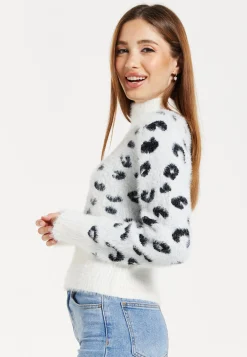 Women's Jumper with Fluffy Leopard Print in Black and White, Turtle Neck, Long Sleeves, Regular Fit
