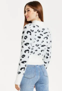 Women's Jumper with Fluffy Leopard Print in Black and White, Turtle Neck, Long Sleeves, Regular Fit