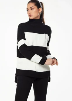 Women's Jumper with Full-Length Sleeves in Black & White - Cozy Roll Neck Design by Liquorish