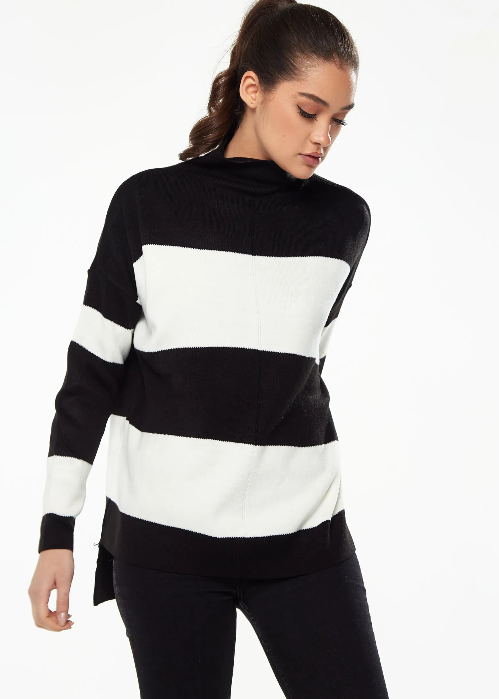 Women's Jumper with Full-Length Sleeves in Black & White - Cozy Roll Neck Design by Liquorish