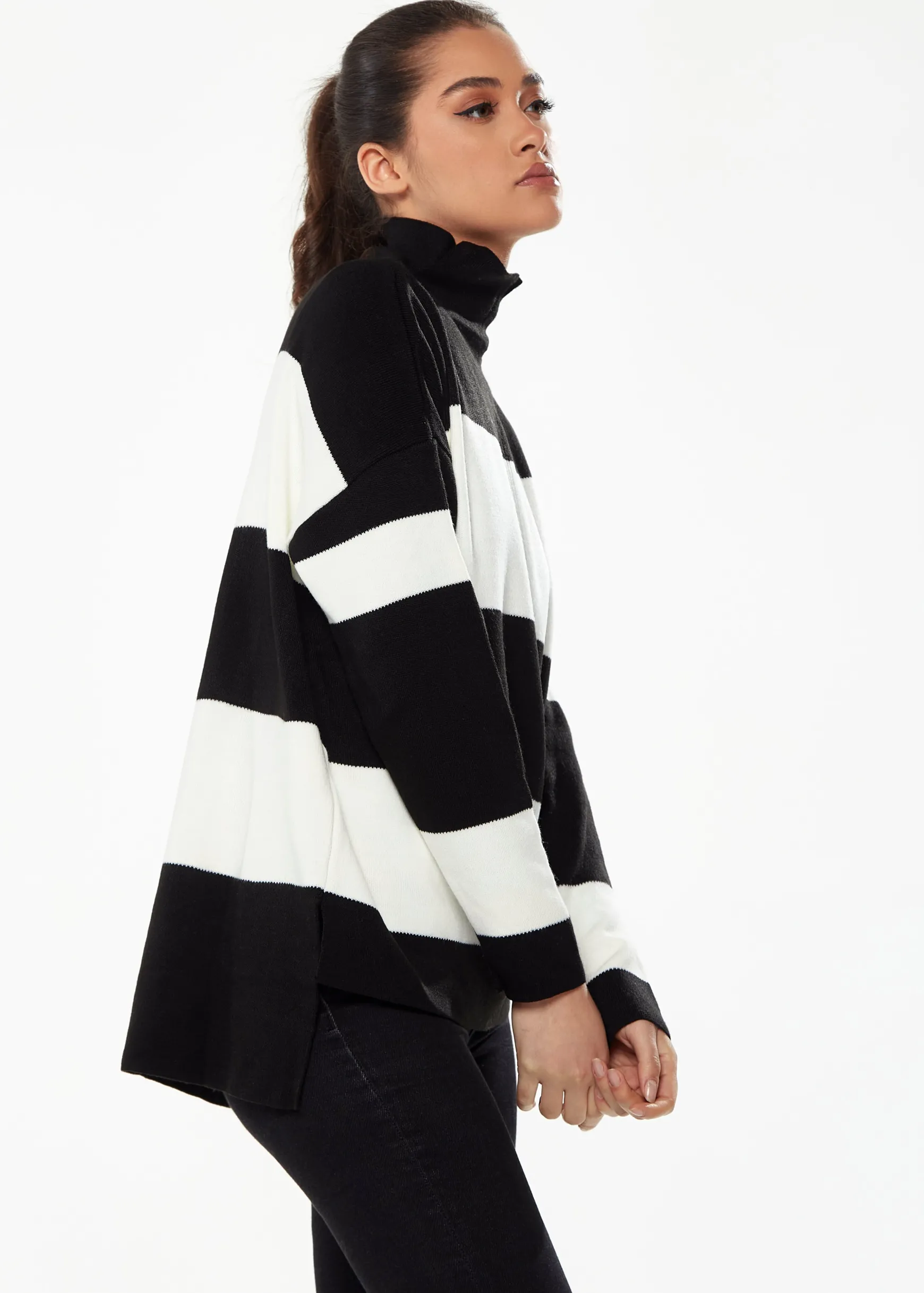 Women's Jumper with Full-Length Sleeves in Black & White - Cozy Roll Neck Design by Liquorish
