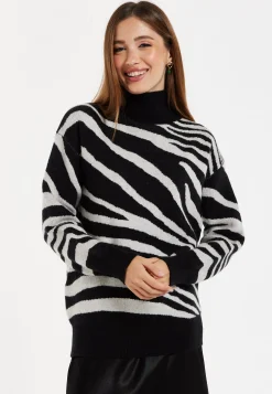 Women's Jumper with Long Sleeves in Mono Zebra Pattern - High Neck Design for Warmth and Comfort, Liquorish