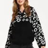Women's Jumper with Long Sleeves and Front Zip, Black and White Jacquard Animal Pattern, by Liquorish